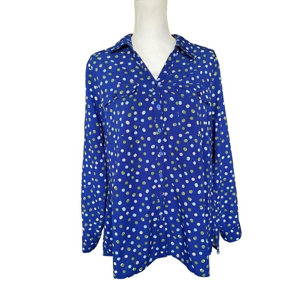 Kim Rogers Curvy Womens 1X Button Down Shirt Blue Polka Dot Print